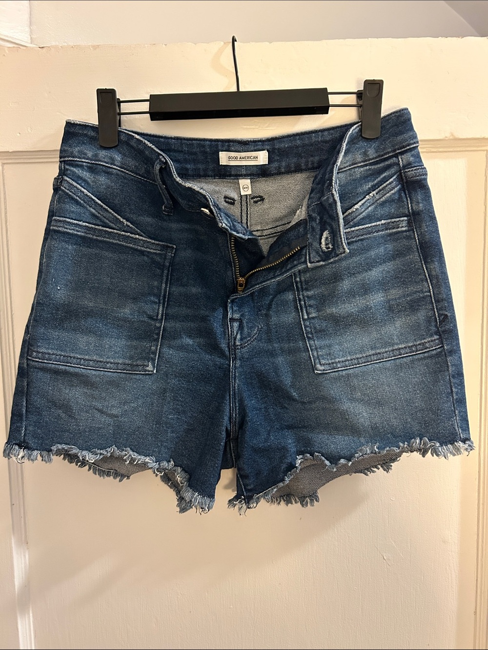 Good American Indigo Blue Denim Frayed-Hem Women's Shorts